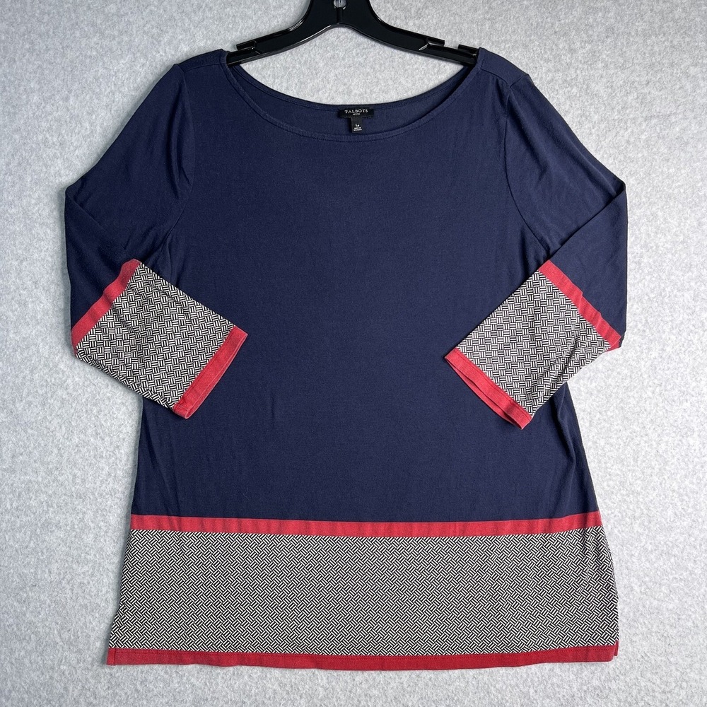 Talbots Pullover Top Women's Petite Large Lp 3/4‎ Sleeve Parquet Pattern Navy